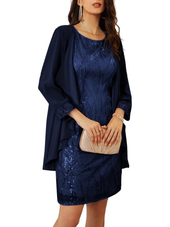 Dresses & Skirts - Women Navy Blue 3/4 Sleeve Bodycon Crew Neck Two Piece Winter Cocktail Dresses